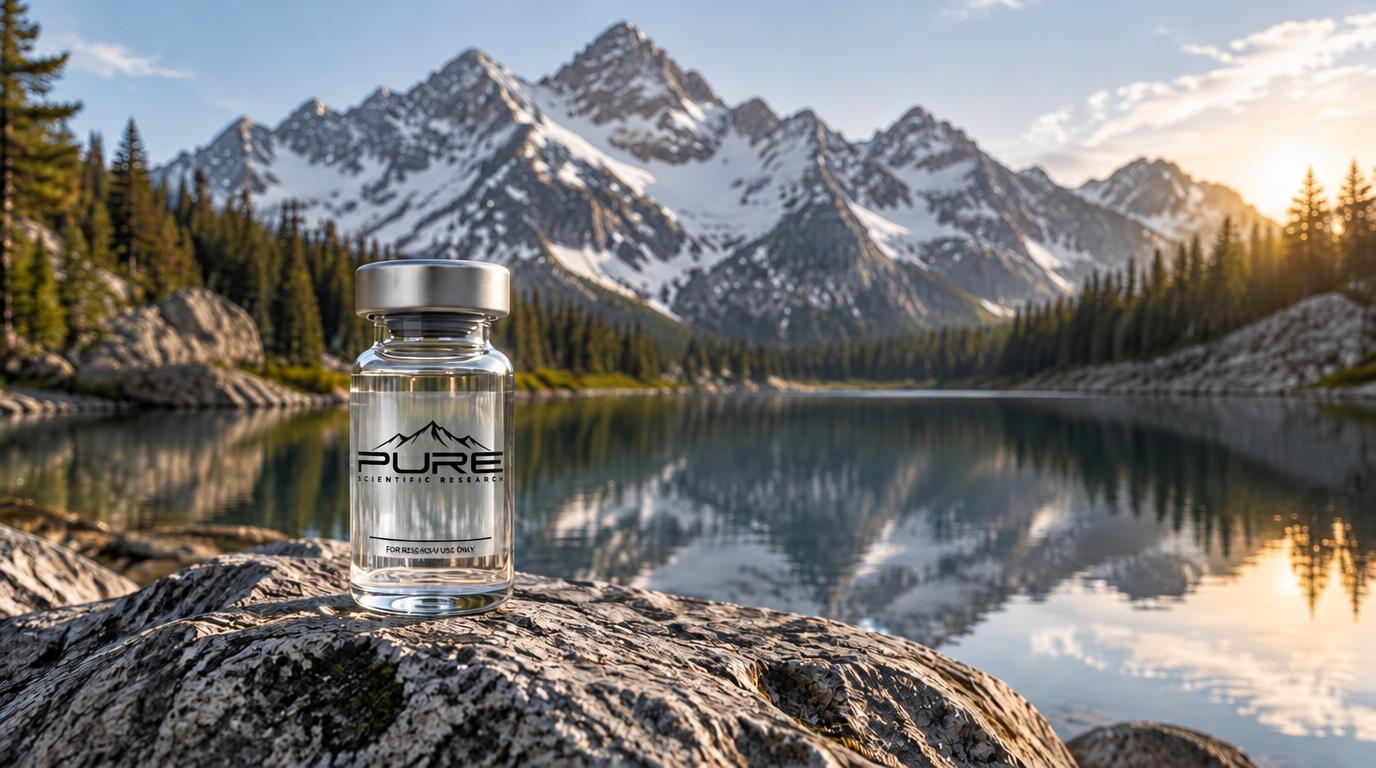 PURE clear-label research vial overlooking an alpine lake